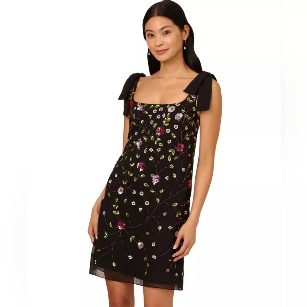 Adrianna Papell Beaded Chiffon Shift Dress, Size 14